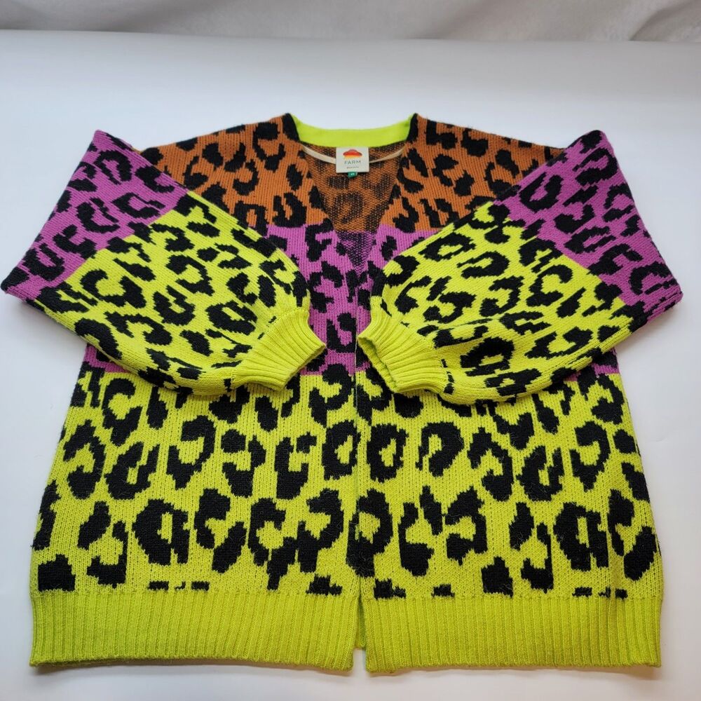 FARM Rio Mixed Leopards Cardigan XS Orange Purple Green Ombre Knit Open Front - Picture 2 of 15